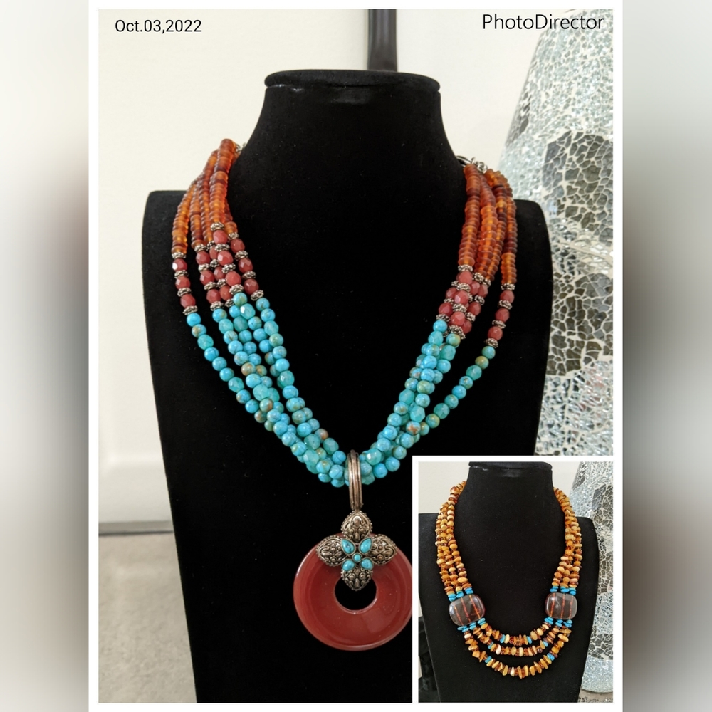 Set of 2 pretty Amber & turquoise color necklaces